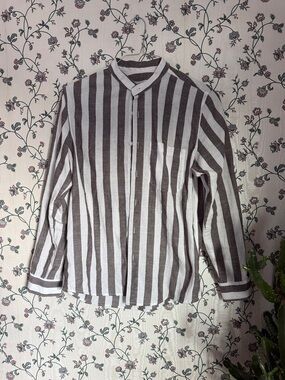 Women's Striped Button-Down Shirt — Brown & White (looks like linen)